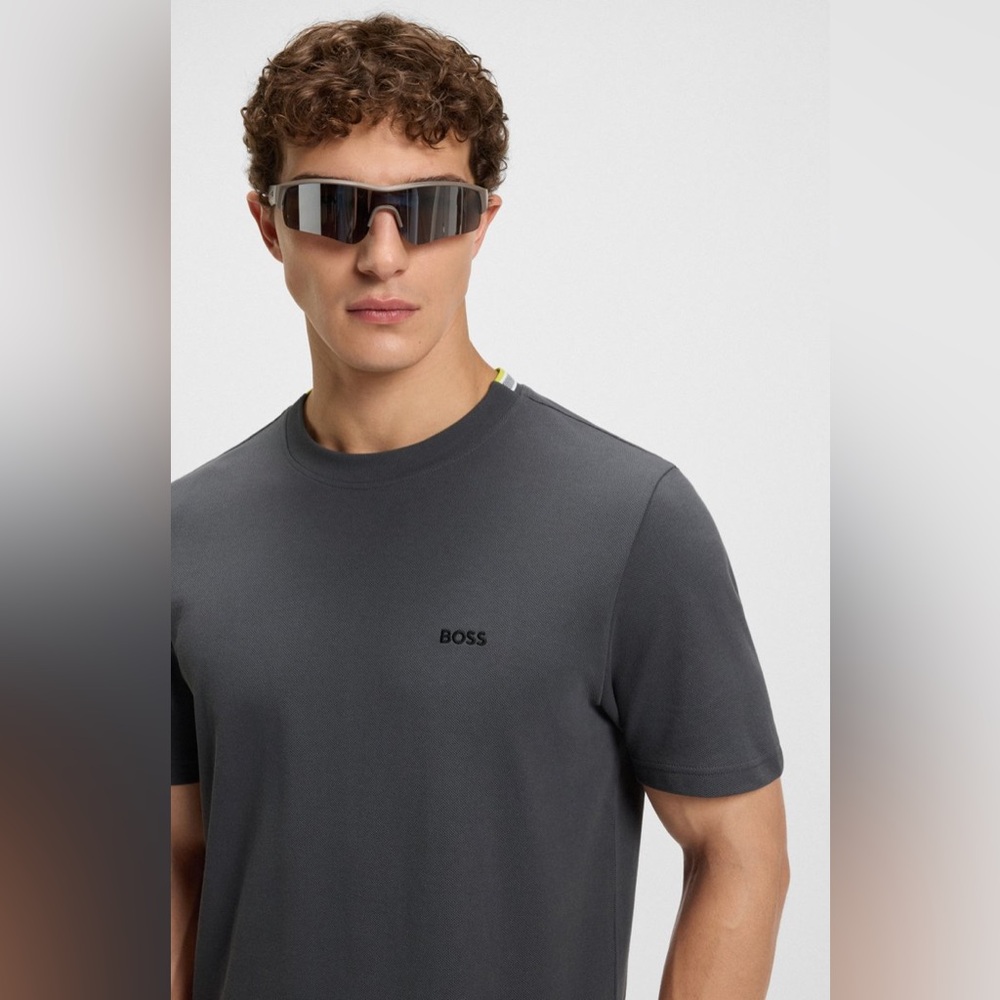 BOSS COTTON-PIQUÉ T-SHIRT WITH JACQUARD-WOVEN BACK COLLAR GRAY - Picture 2 of 10